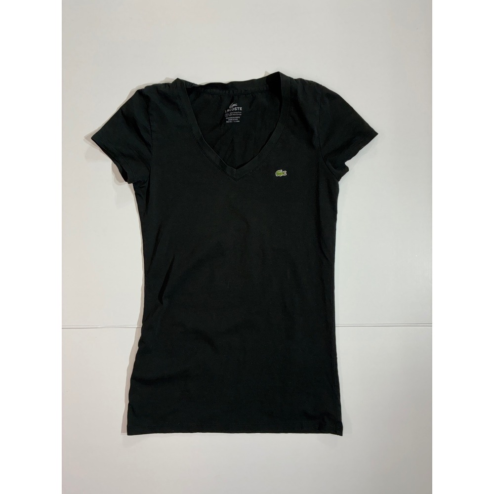 Lacoste T-Shirt Women 36 Black V-Neck Short Sleeve Pima Cotton Logo Tee